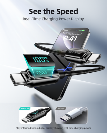 DigiPower USB-C to USB-C cable with digital display, 100W 1.2m DP-CC1001